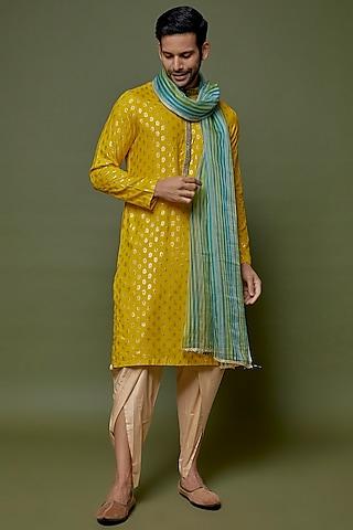 yellow slub cotton silk printed & embroidered kurta set