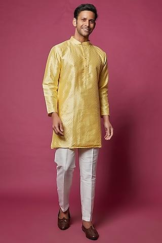 yellow slub silk embroidered kurta set