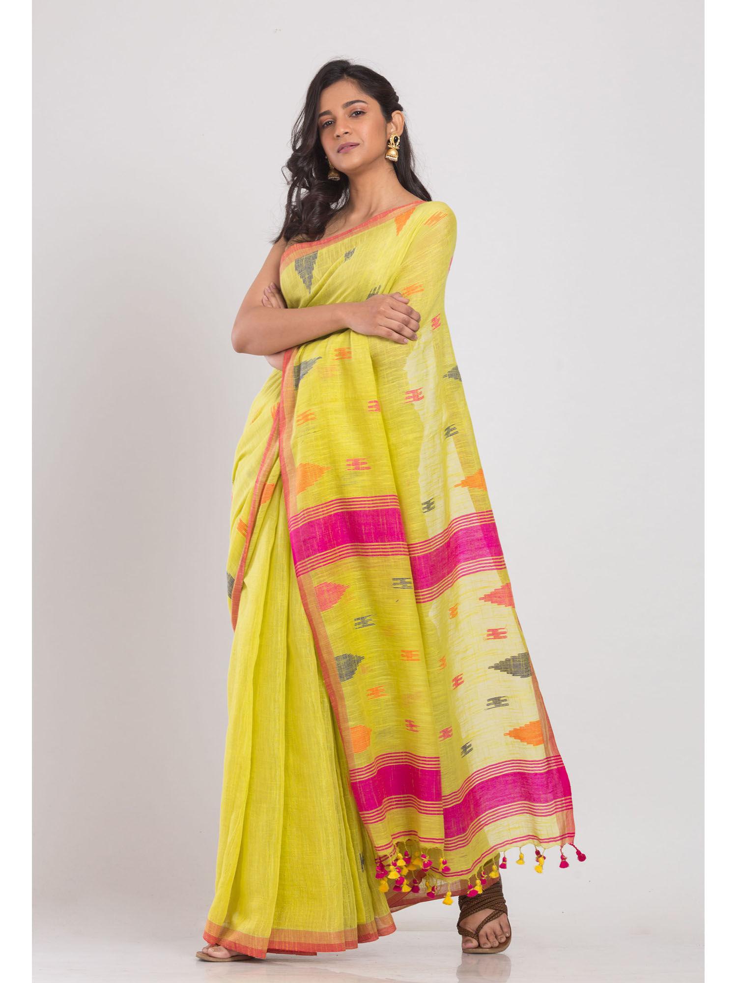 yellow soft cotton handwoven cotton saree with unstitched blouse