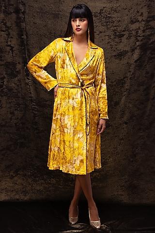 yellow soft velvet abstract floral printed midi dress