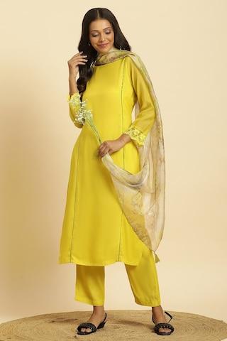 yellow solid casual 3/4th sleeves boat neck women regular fit pant kurta dupatta set