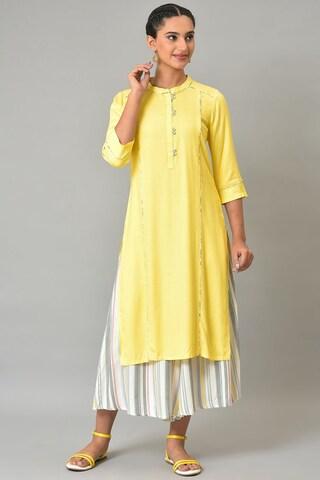 yellow solid casual band collar 3/4th sleeves ankle-length women regular fit kurta palazzo set