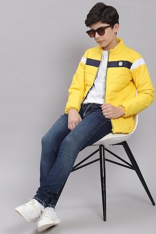 yellow solid casual full sleeves high neck boys smart fit jacket