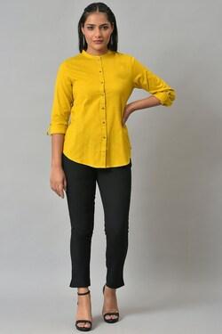 yellow solid casual full sleeves mandarin women regular fit shirt