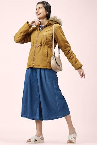 yellow solid casual full sleeves regular hood women comfort fit jacket