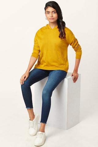 yellow solid casual full sleeves regular hood women regular fit sweater