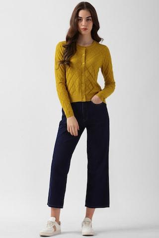 yellow solid casual full sleeves round neck women regular fit top