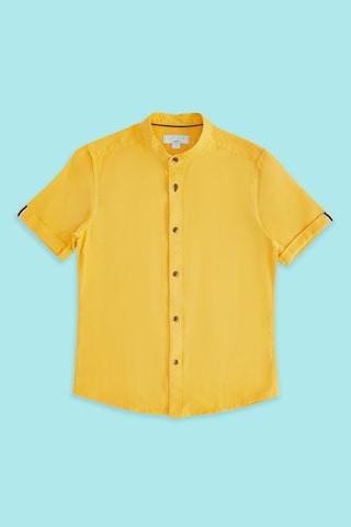 yellow solid casual half sleeves mandarin boys regular fit shirt