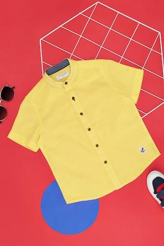 yellow solid casual half sleeves mandarin boys regular fit shirts