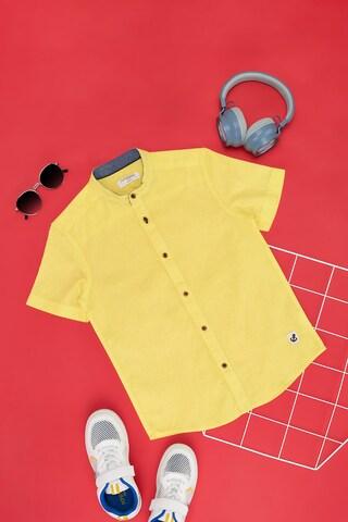 yellow solid casual half sleeves mandarin boys regular fit shirts