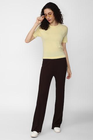 yellow solid casual half sleeves round neck women regular fit top