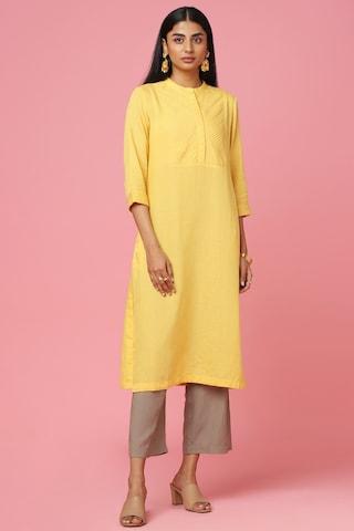 yellow solid casual mandarin 3/4th sleeves calf-length women regular fit kurta