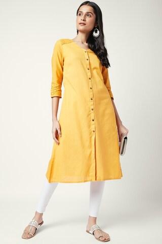 yellow solid casual round neck 3/4th sleeves calf-length women regular fit kurta