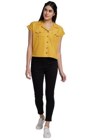 yellow solid casual short sleeves regular collar women regular fit shirt