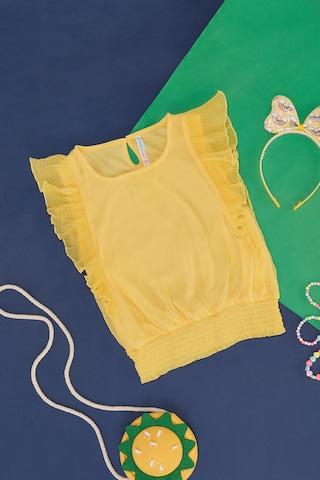 yellow solid casual sleeveless round neck girls regular fit  blouse