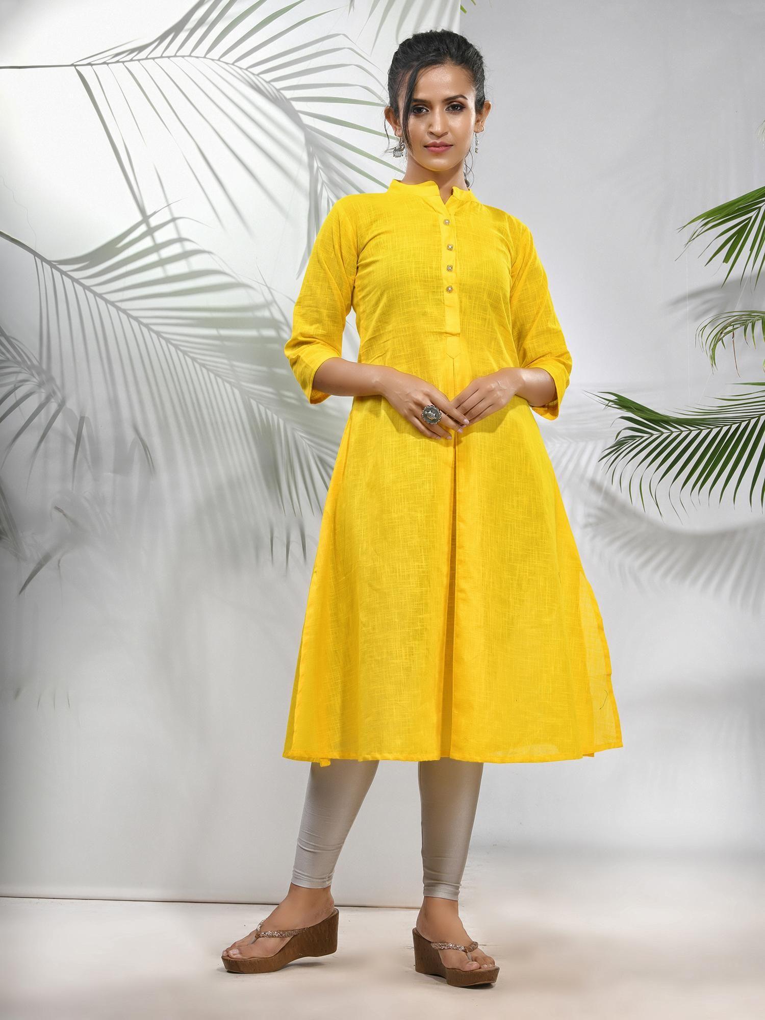 yellow solid cotton a-line kurta