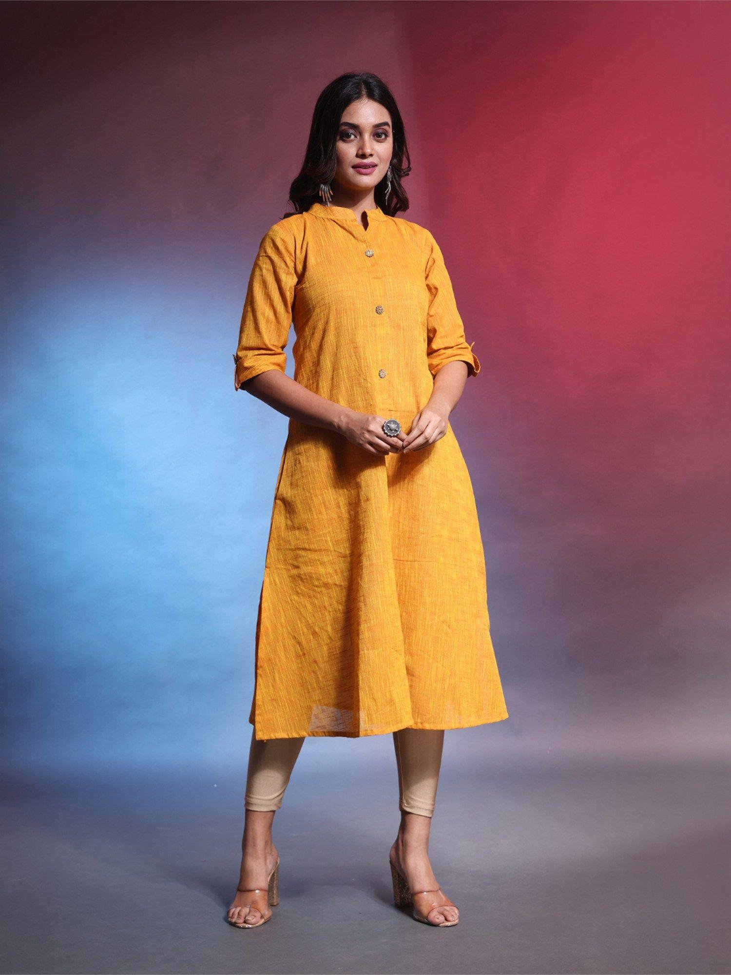 yellow solid cotton a-line kurta