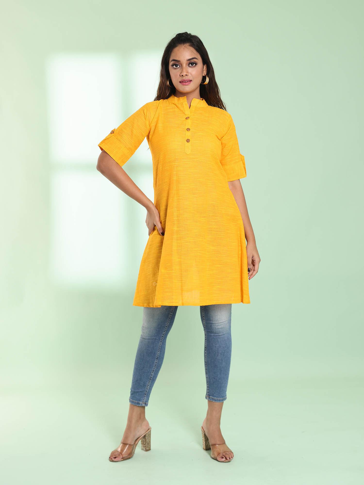 yellow solid cotton a-line short stitched kurta