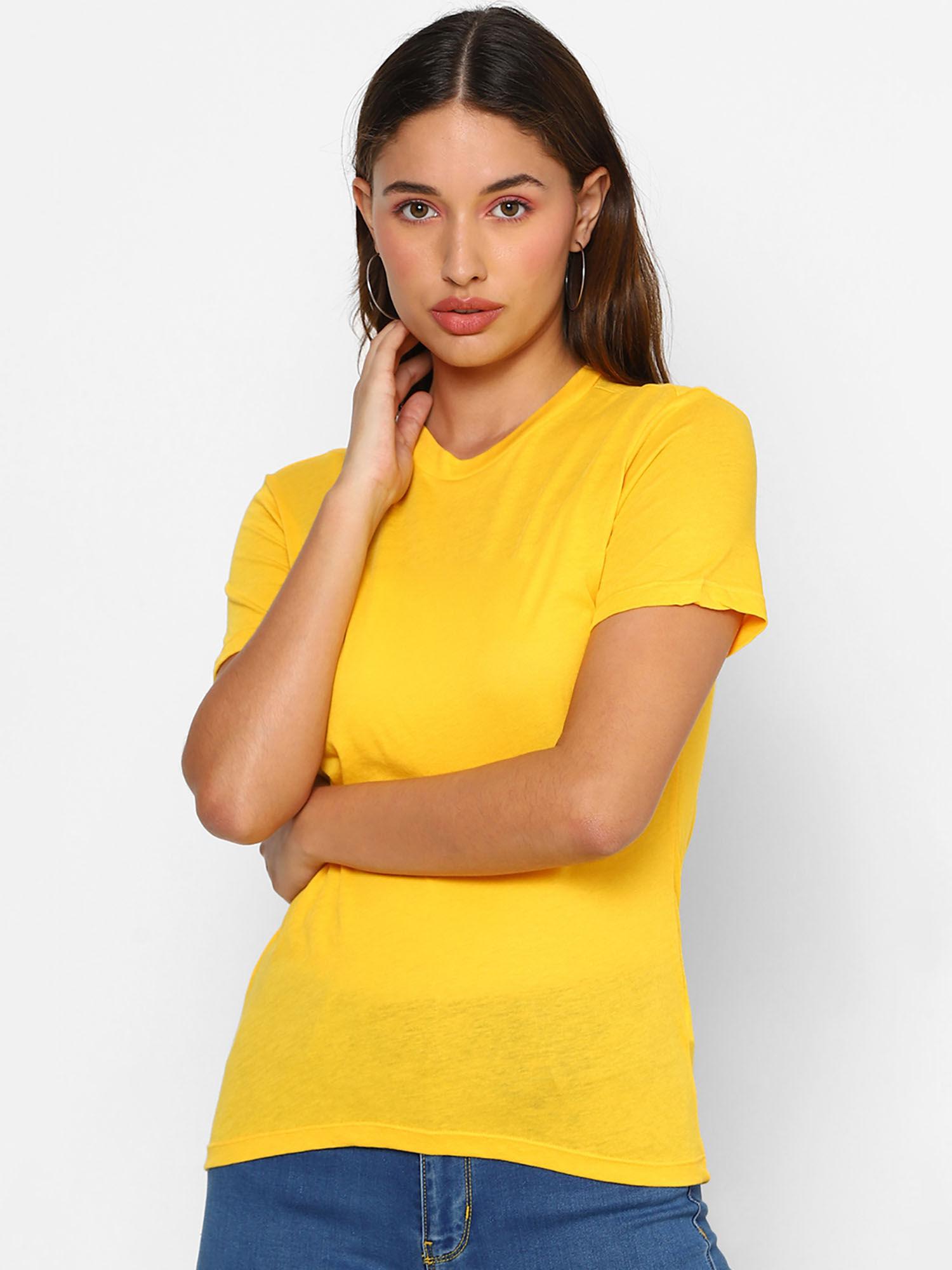 yellow solid cotton-blend crew neck tee