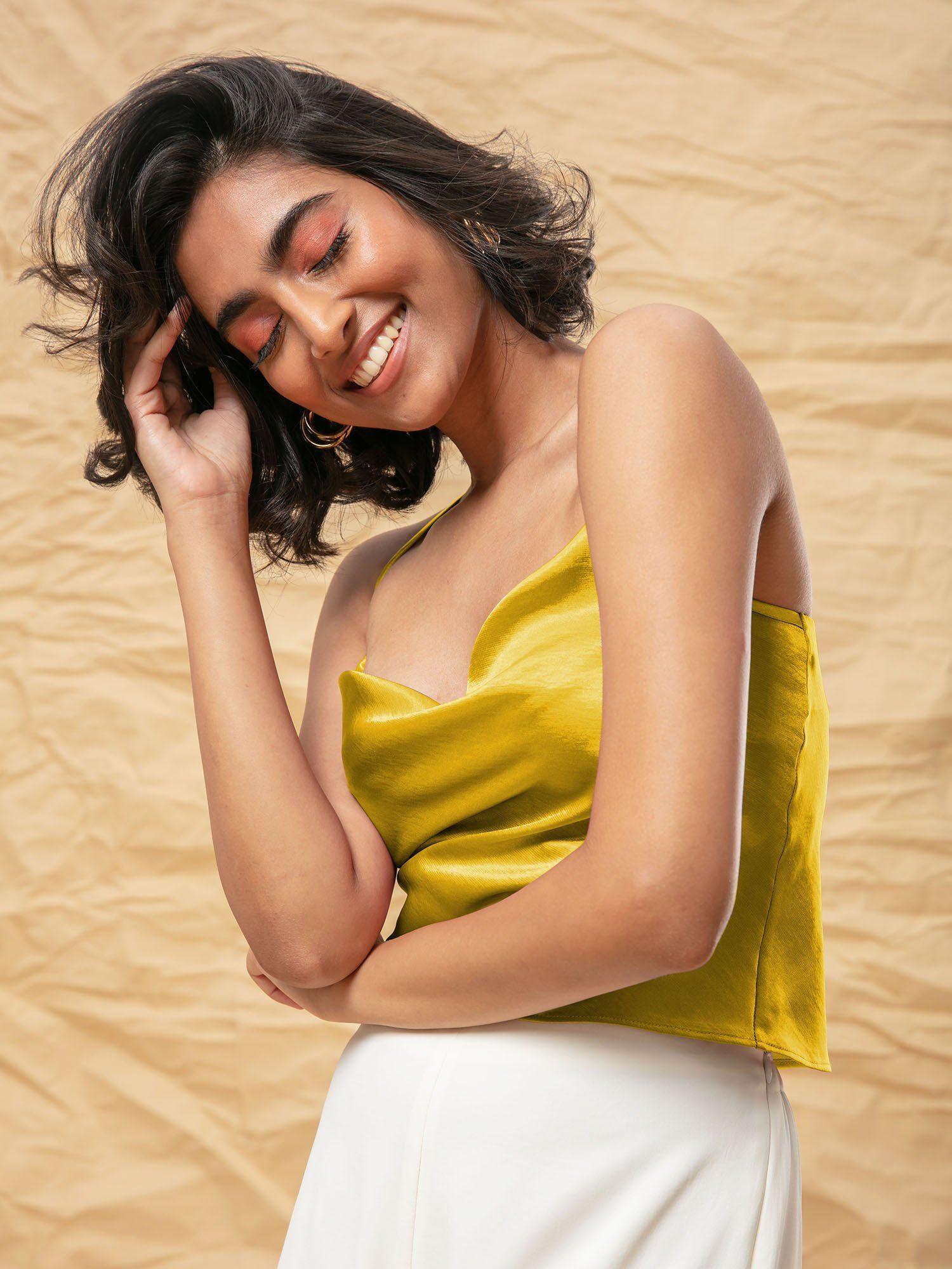 yellow solid cowl neck satin crop top (custom)