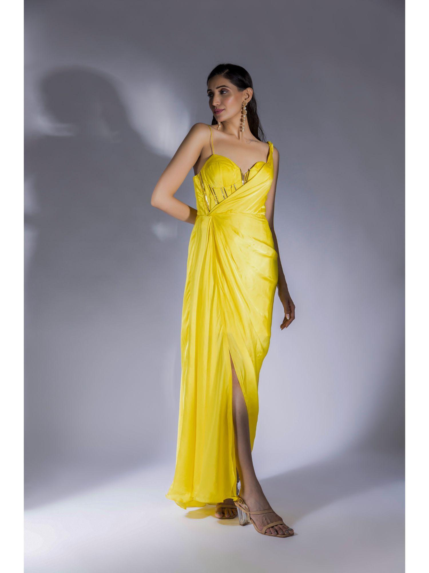 yellow solid drape corset dress