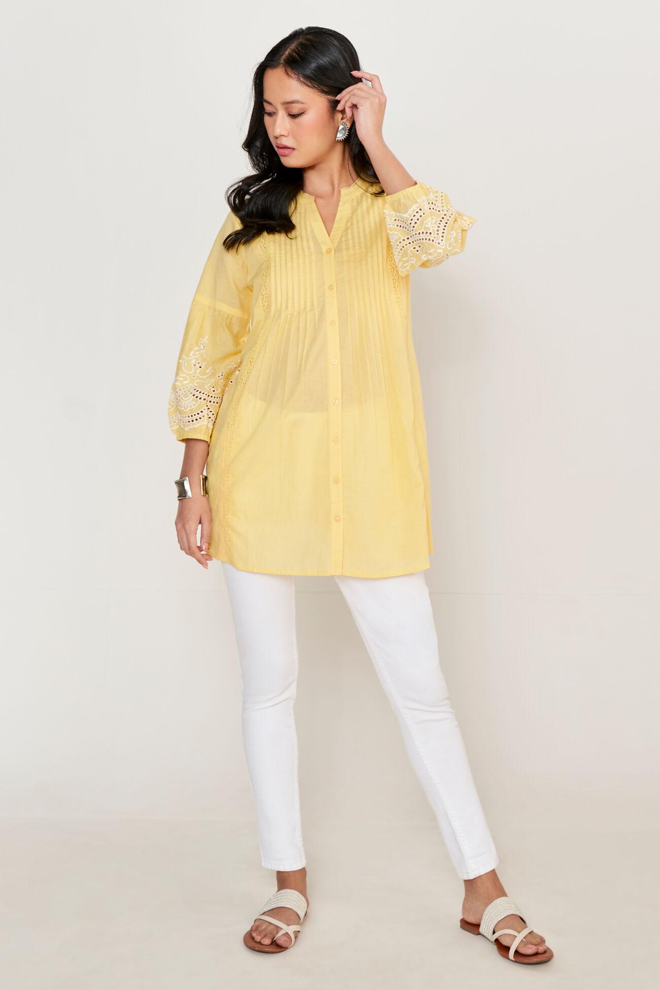 yellow solid embroidered shirt style tunic