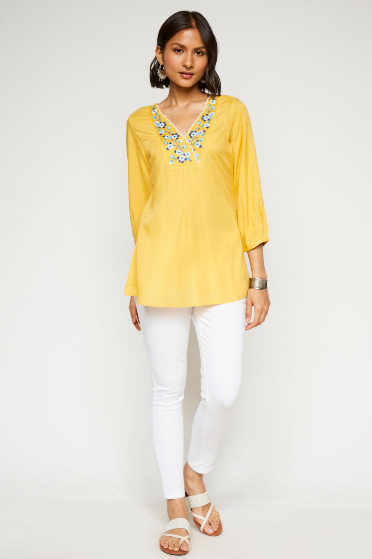 yellow solid embroidered straight top