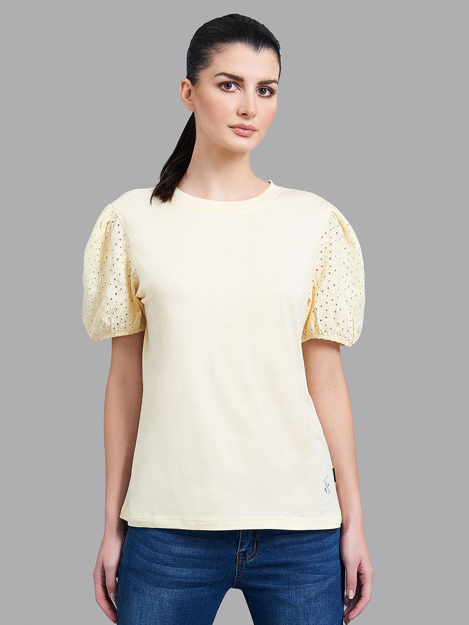 yellow solid eyelet balloon sleeve tee