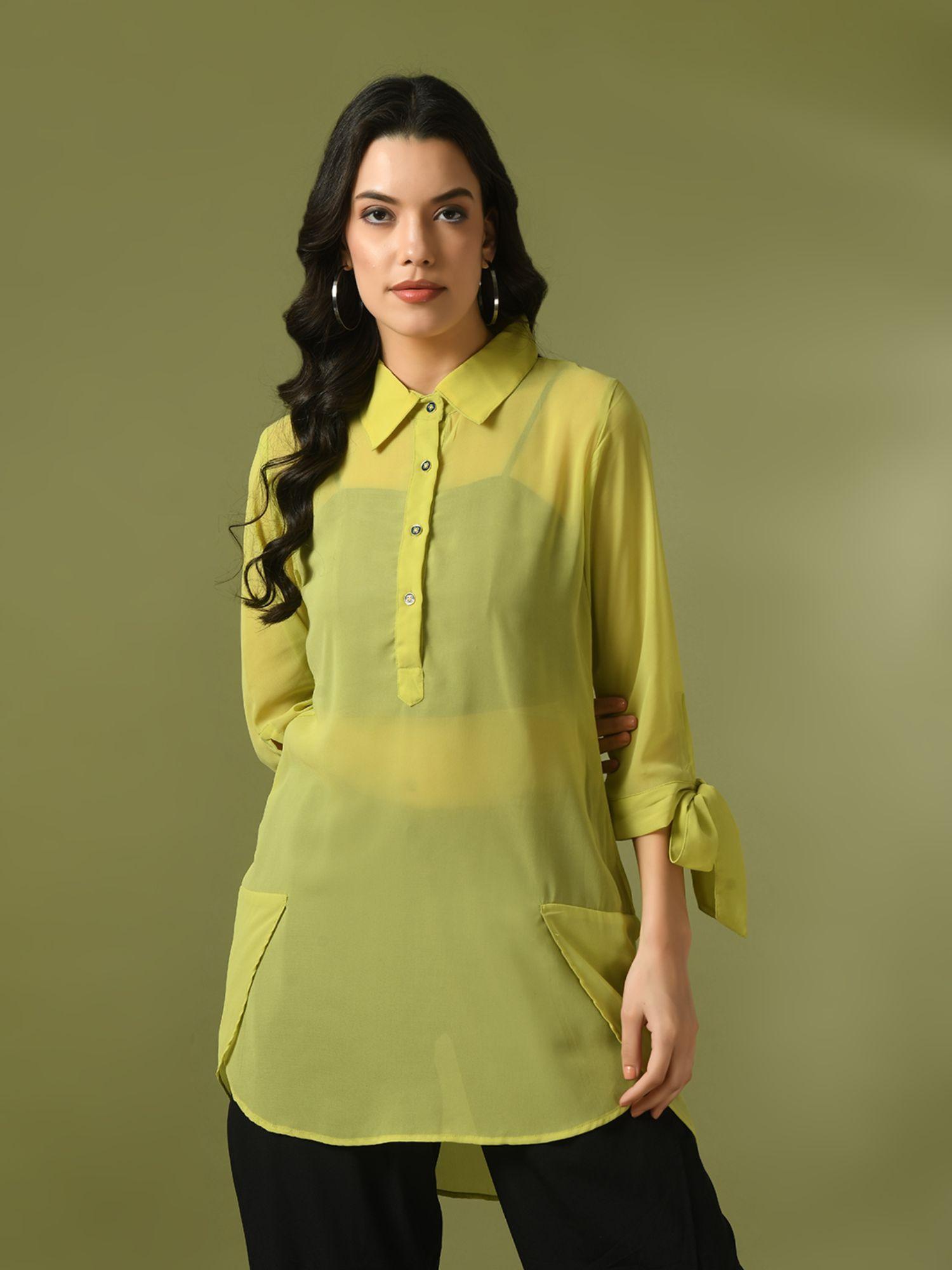 yellow solid georgette longline party sheer tunic