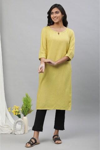 yellow solid knee length casual women regular fit kurta