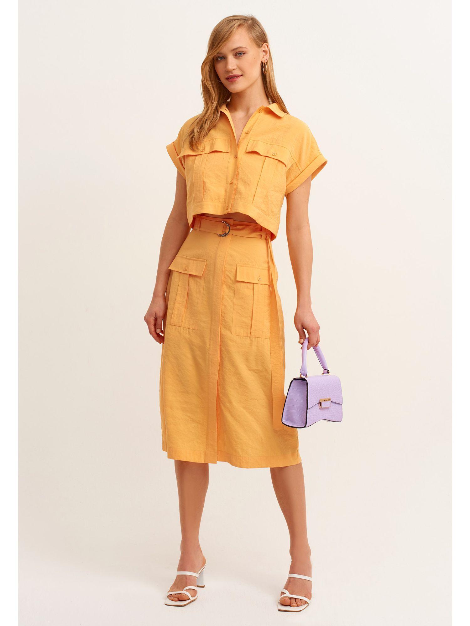 yellow solid midi skirt with belt