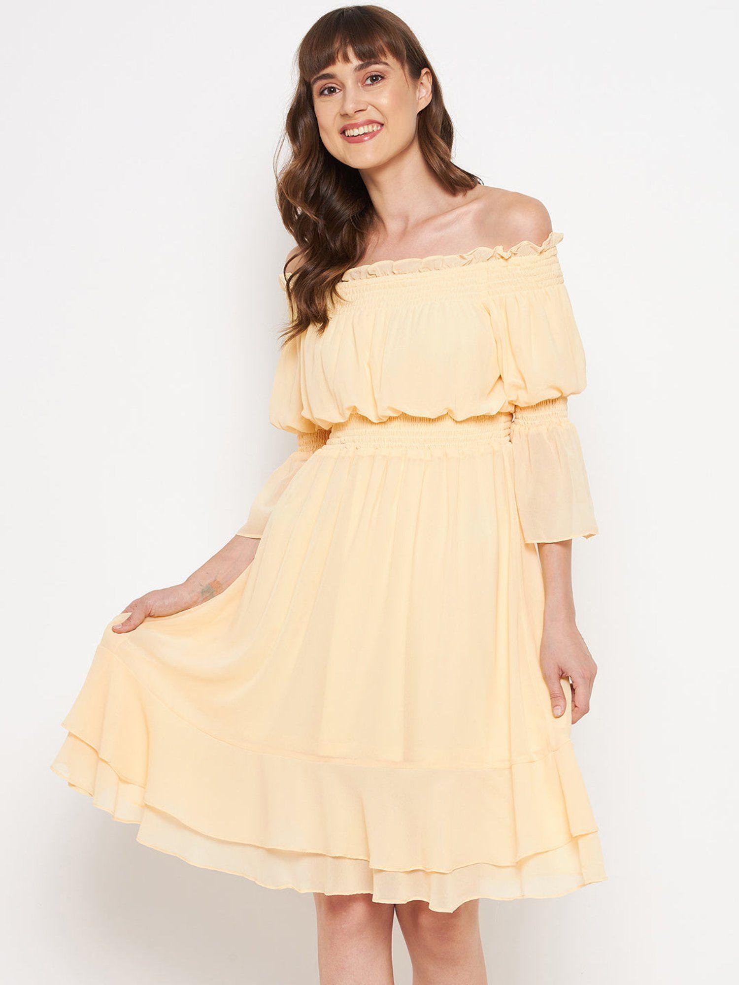 yellow solid off shoulder knee length dress