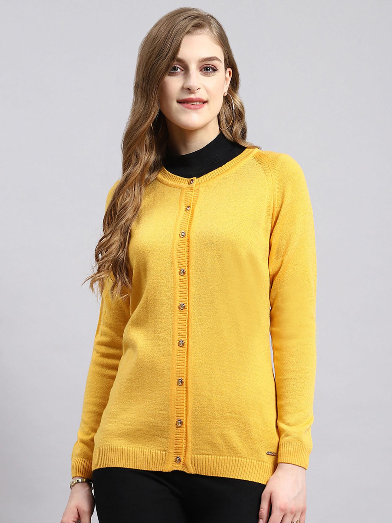 yellow solid round neck cardigan