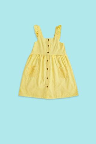 yellow solid round neck casual knee length sleeveless girls regular fit dress