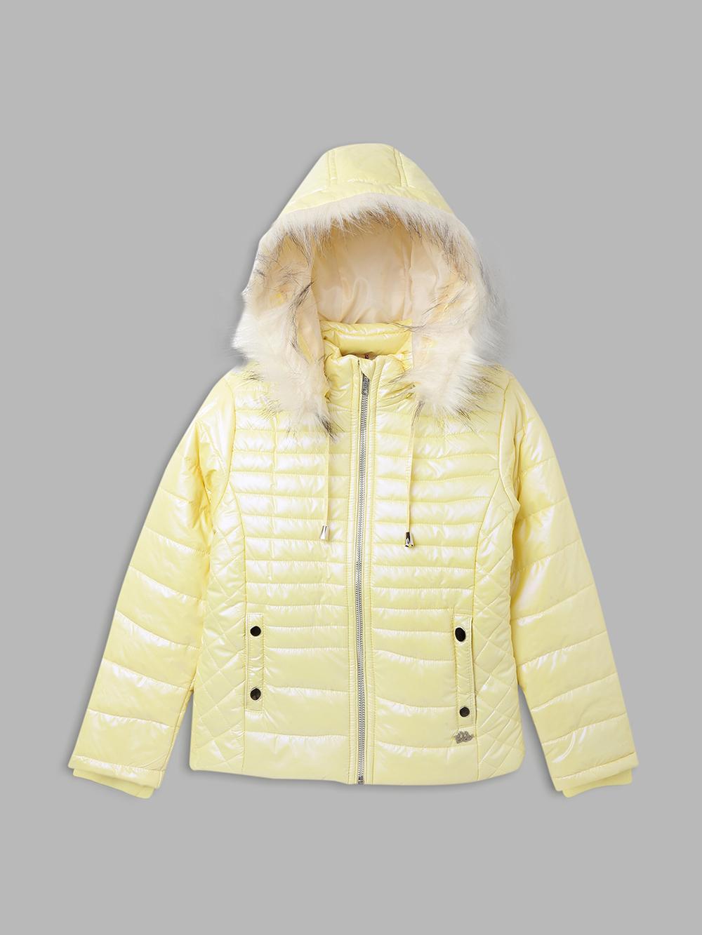 yellow solid round neck jacket