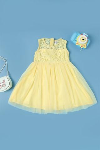 yellow solid round neck party knee length sleeveless girls regular fit dress