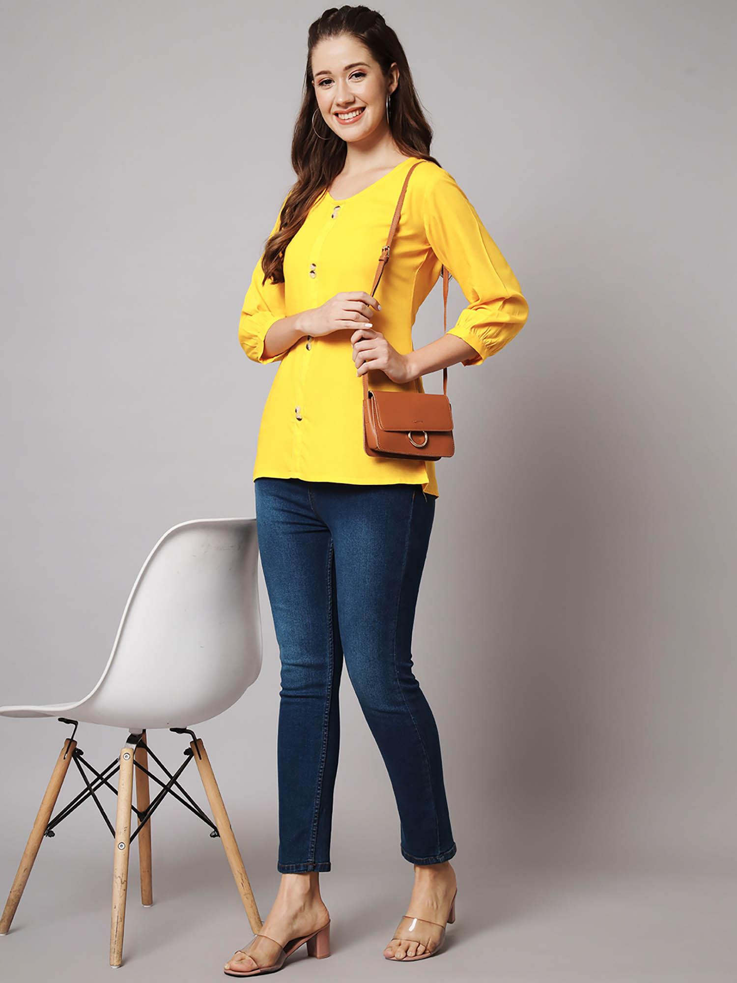 yellow solid round neck three fourth sleeves top