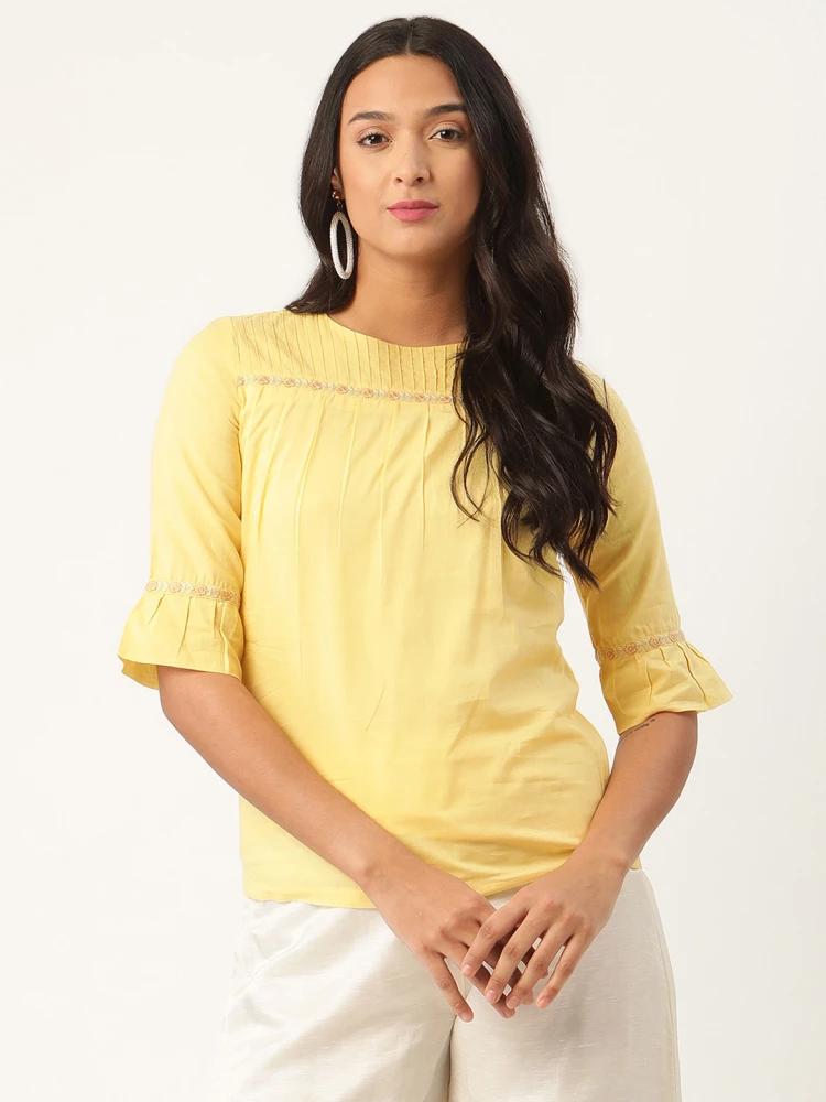 yellow solid round neck top