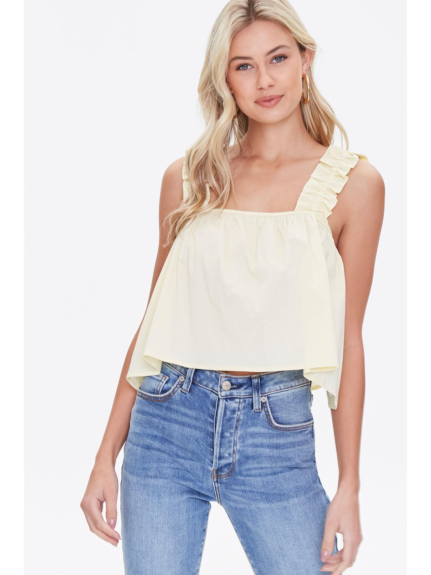 yellow solid ruffle-strap poplin top