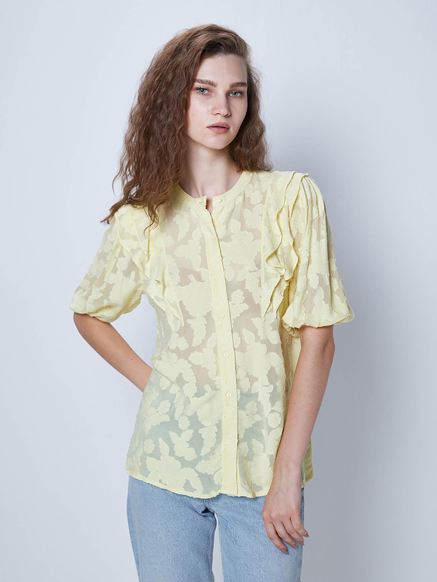 yellow solid ruffled shirt