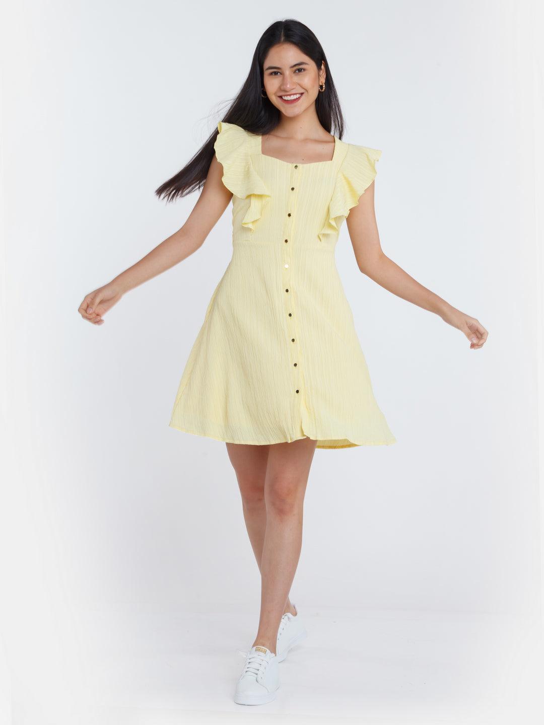 yellow solid ruffled short dress for women