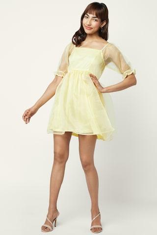 yellow solid square neck casual thigh-length half sleeves women flared fit dress