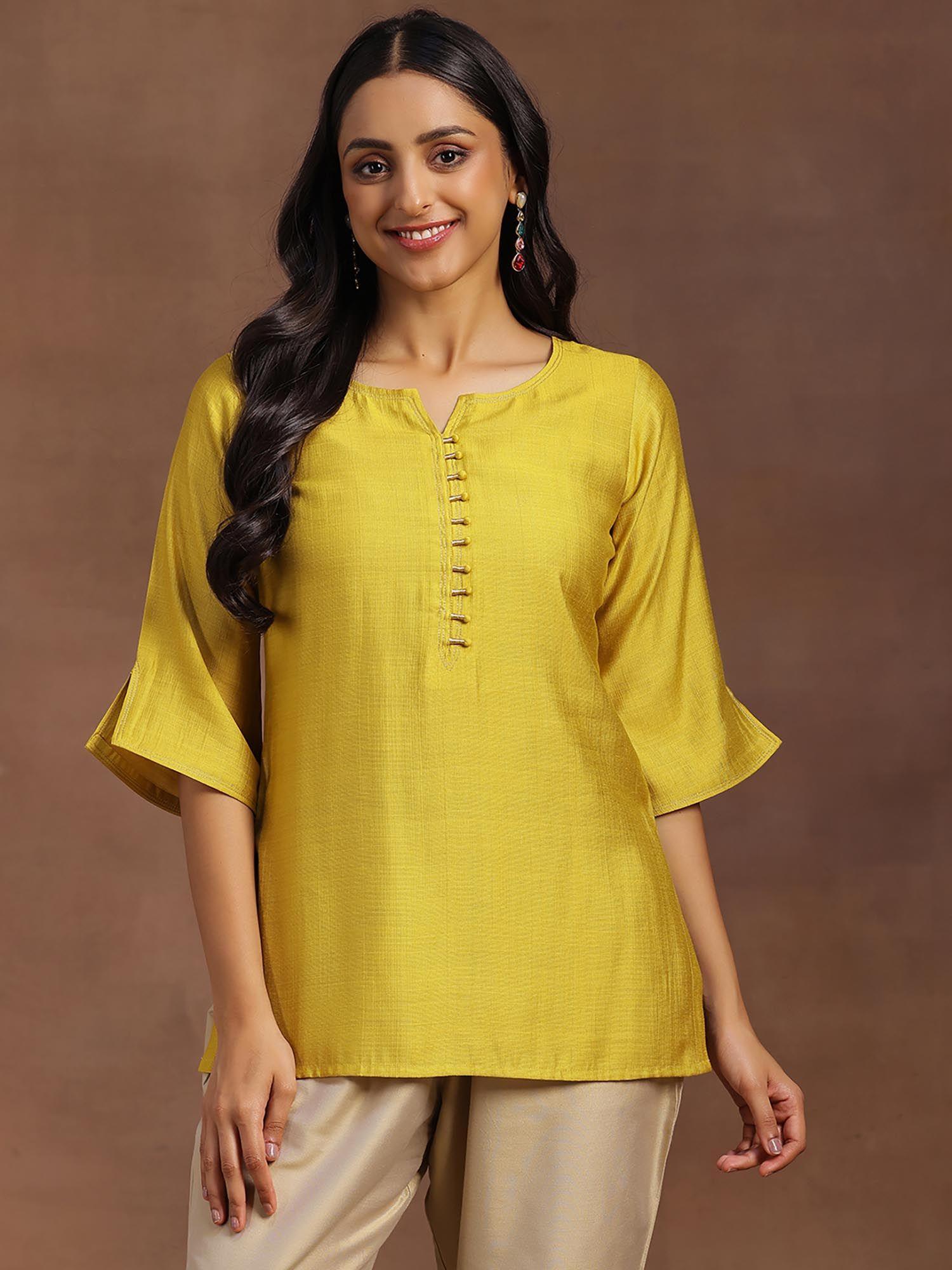 yellow solid straight kurti with zari detail