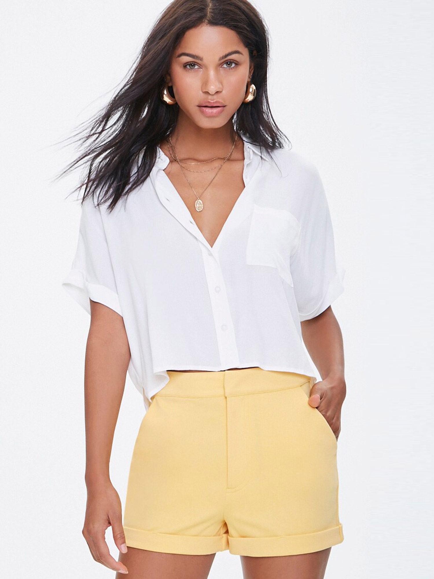 yellow solid stretch-knit cuffed shorts