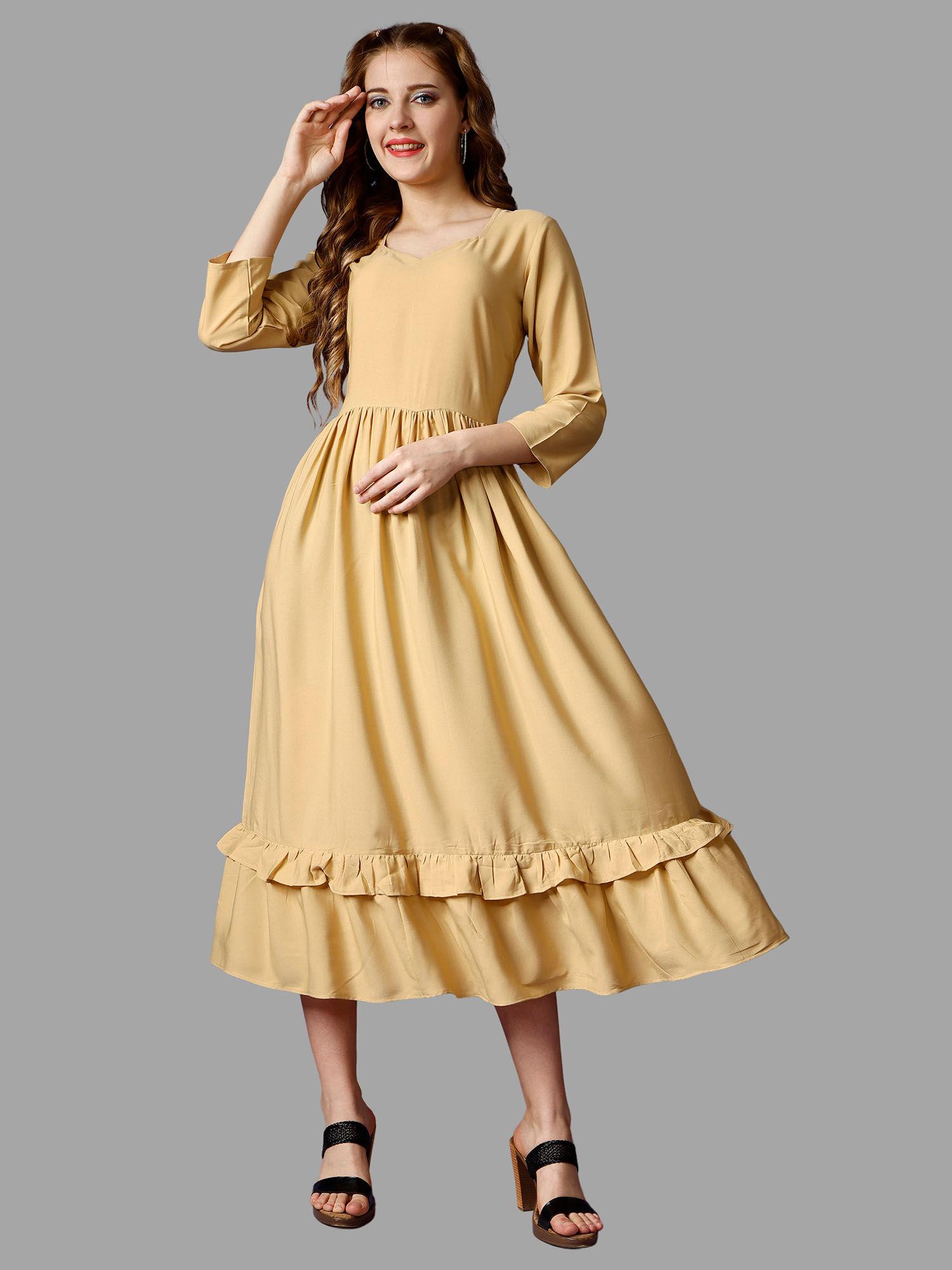 yellow solid three fourth sleeves midi dress for women