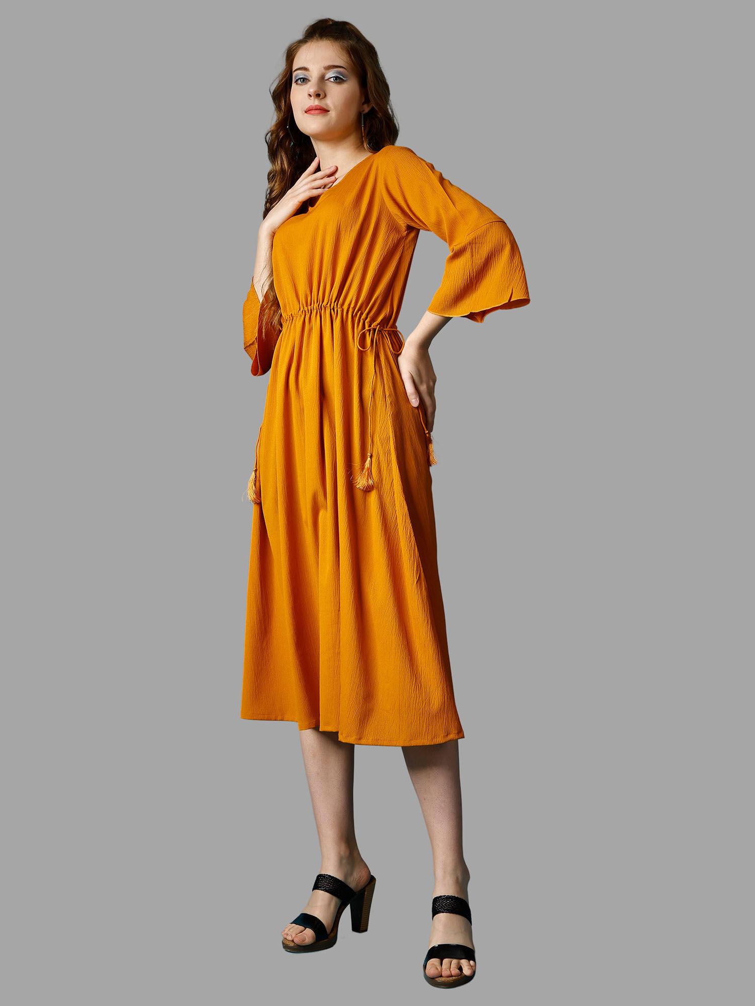 yellow solid three fourth sleeves midi dress for women