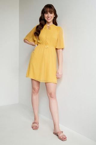 yellow solid tie-up neck casual thigh-length short sleeves women regular fit dress