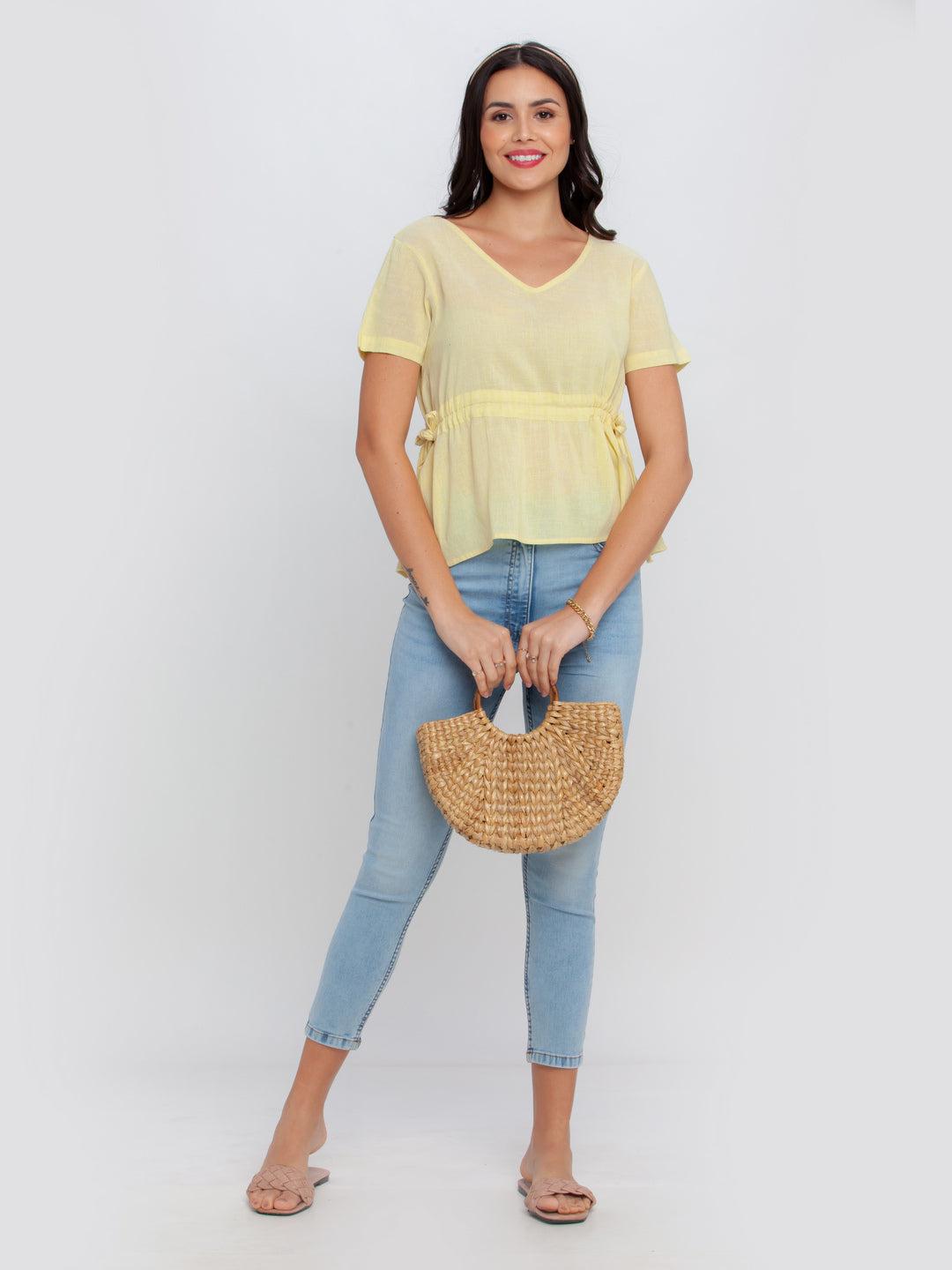 yellow solid tie-up top for women