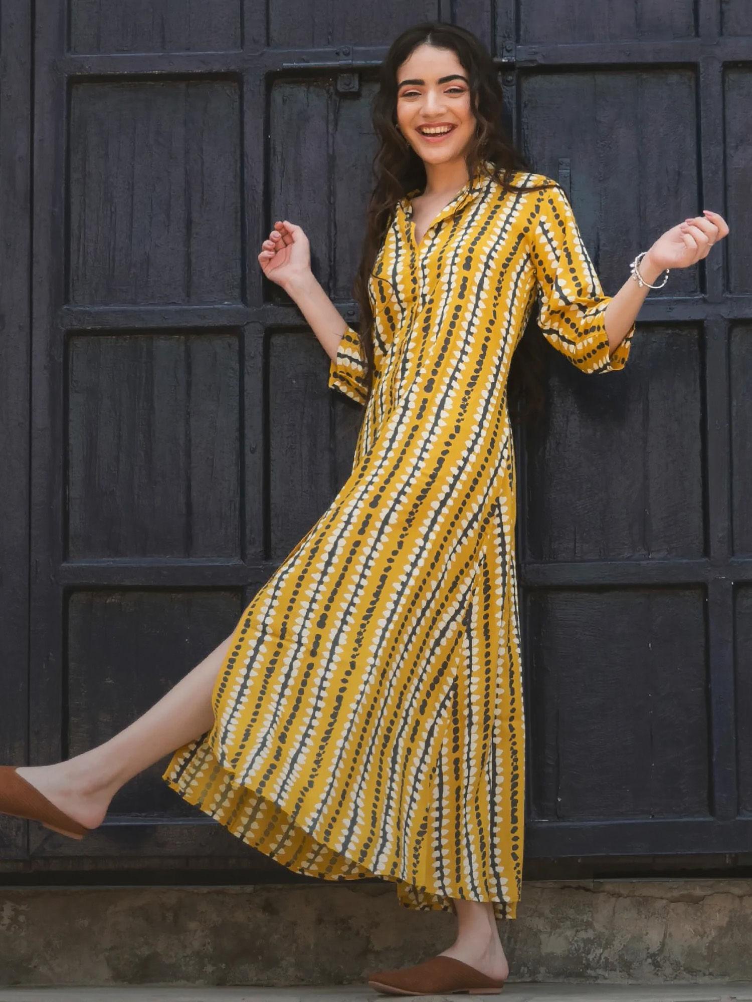 yellow stone printed shirt dress