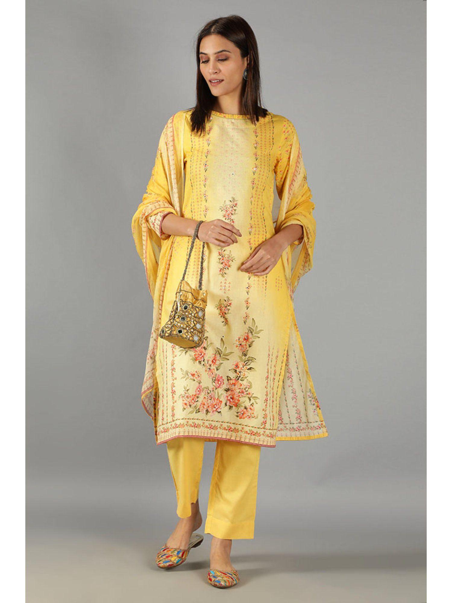 yellow straight fit printed kurta set with dupatta